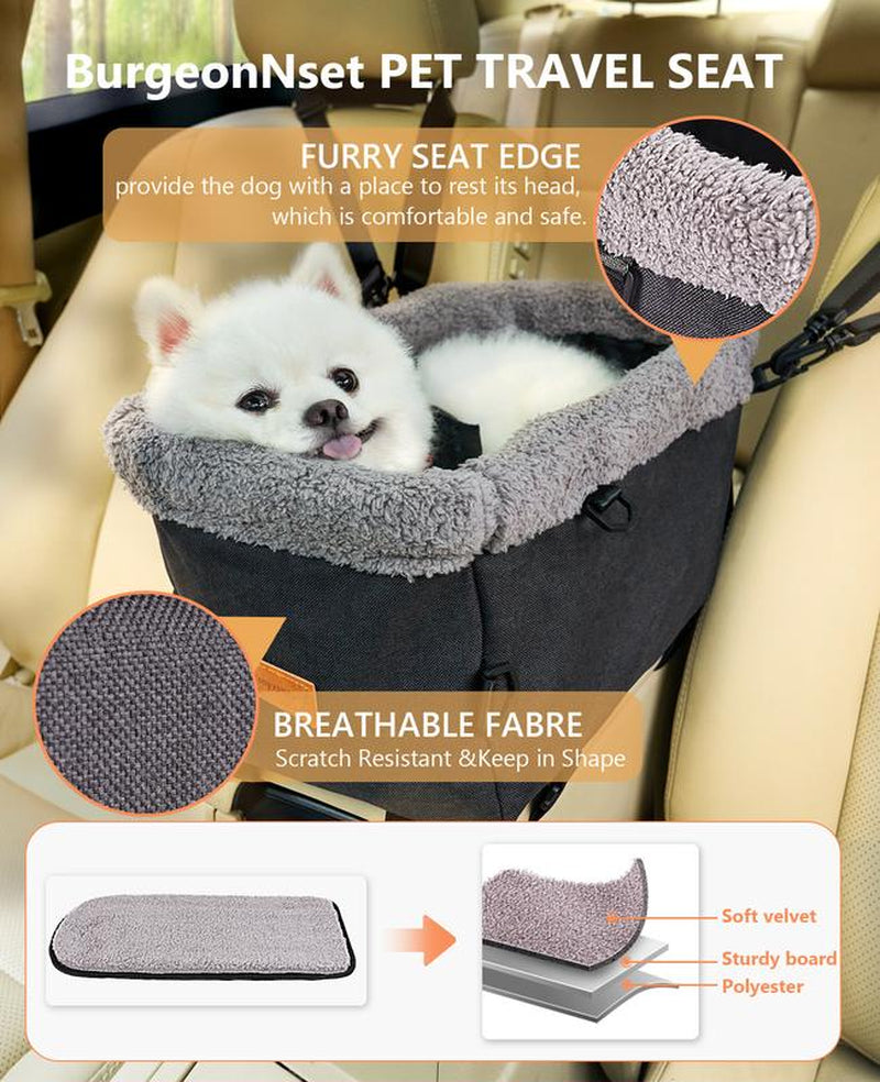 Burgeonnest Dog Car Seat for Small Dog, Center Console Dog Booster Seat with Metal Frame, Upgraded Pet Car Seat with Double Protection Seat Belts, Washable Cushion, Safety Leash and Storage Pocket